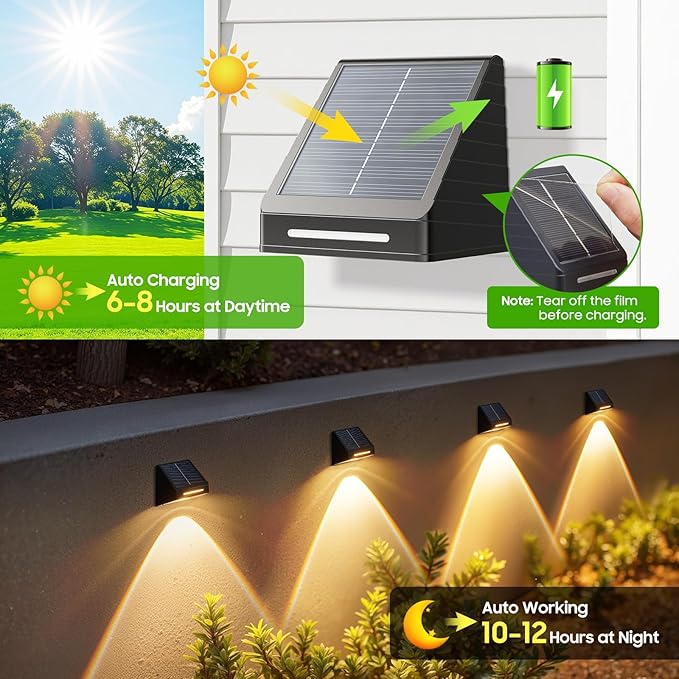 LETMY Solar Fence Lights Outdoor 8 Pack - Brighter Focused Lens, Cold White & Warm Light Fence Solar Lights Outdoor Waterproof, Auto ON/Off Deck Lighting for Wall, Patio, Backyard, Step, Railing