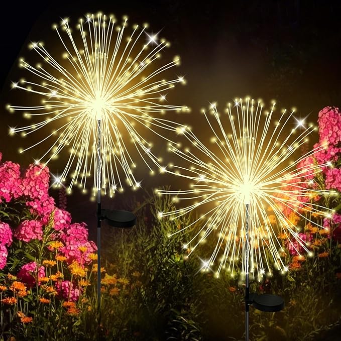 ALSO GO Solar Garden Lights Outdoor Waterproof, 2 Pack 240 LED Solar Firework Lights, Decorative Garden Décor Outside for Flowerbed Pathway Party Christmas Decoration, Warm White