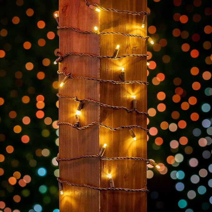 Novelty Lights 24-Pack, 25 Feet 50 Light Brown Wire LED Christmas Lights Outdoor, Commercial Grade, Yellow, 5mm | Lumora