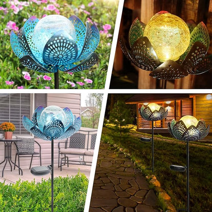 Afirst Solar Lights Outdoor, Garden Lotus Stake Lights Waterproof Decorative Pathway Light Metal Crackle Glass Solar Light Landscape for Garden,Patio,Lawn,Walkway,Tabletop,Pathway,Yard Decor, Blue