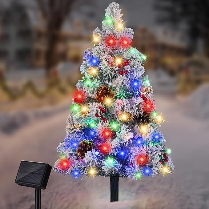 Brightever 3FT Solar Outdoor Christmas Tree, 68LED Snow Flocked Solar Cemetery Christmas Decorations with 8 | Lumora