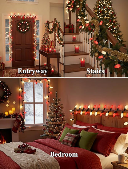 25FT C9 Christmas Lights Outdoor,Red and White C9 Christmas Lights with 26 Ceramic Bulbs(1 Spare), Connectable Incandescent Xmas Light for Indoor Outdoor Party Home Decor,Green Wire