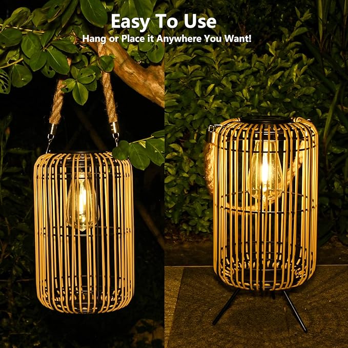 Livinlarge Solar Lantern Outdoor Waterproof,Large Rattan Lantern Outdoor Hanging with Handle,Bright Solar Lights | Lumora