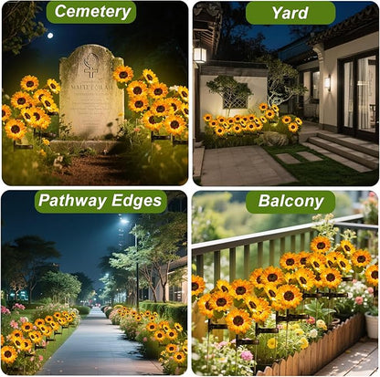 Solar Powered Sunflowers for Outside, Auto ON/Off Solar Garden Lights Outdoor Waterproof, 3 Packs Walkway Solar Lights with 9 Sunflowers for Garden, Yard and Lawn Ornaments