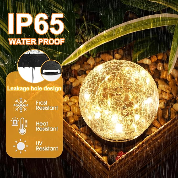 Solar Globes Outdoor Waterproof, 4.88''Cracked Glass Solar Lights Outdoor Bright Up to 14H,IP65 Waterproof Globe Light for Walkway,Patio,Landscape,Path,Garden Warm White (4)