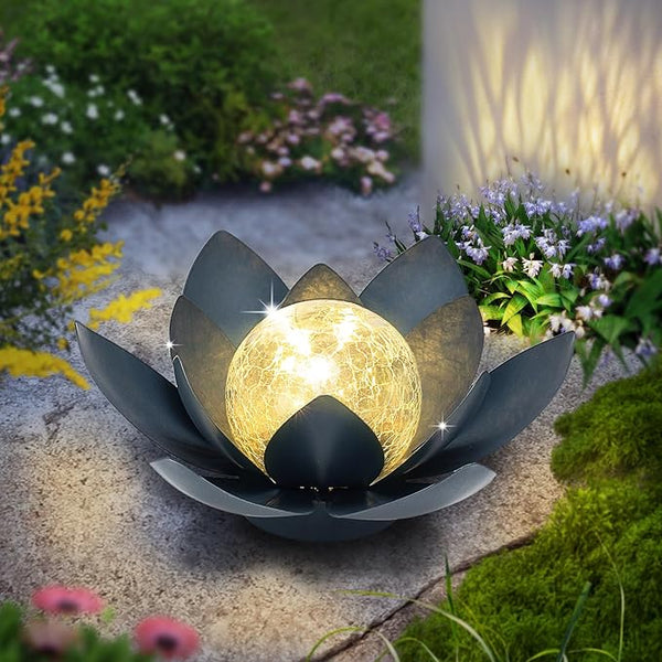 Huaxu Solar Lights Outdoor Garden Decor Crackle Glass Globe Lotus Flower Gray Metal Waterproof Light for Patio | Lumora