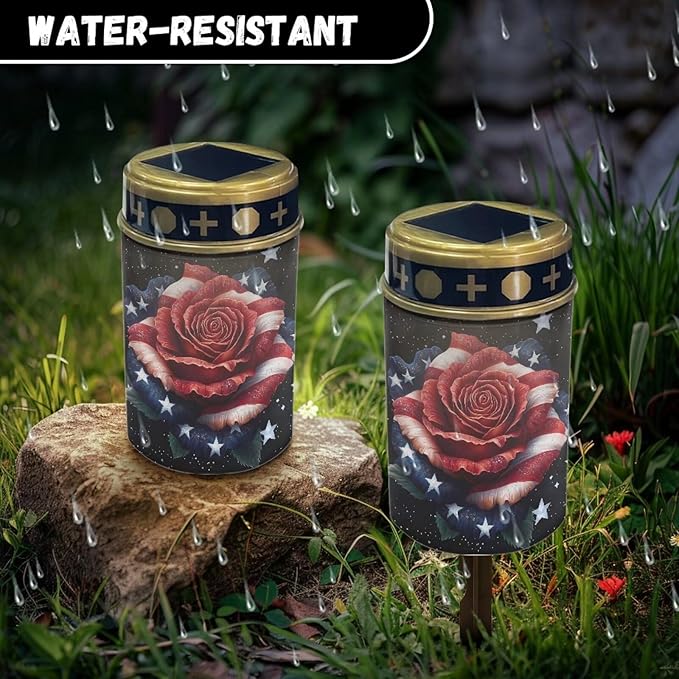 American Flag Rose Solar Powered Cemetery Memorial Light,Cemetery Decorations for Grave,Grave Markers for Cemetery Solar Cemetery Lamp,Solar Grave Light