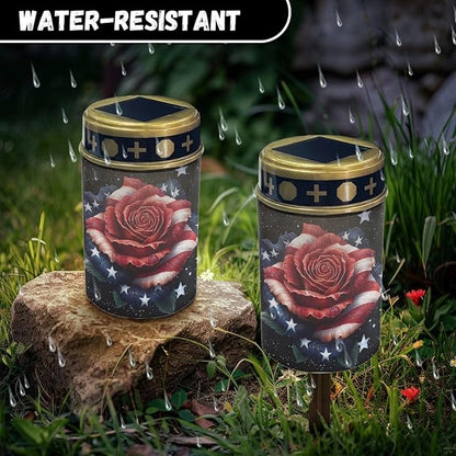 American Flag Rose Solar Powered Cemetery Memorial Light,Cemetery Decorations for Grave,Grave Markers for Cemetery Solar Cemetery Lamp,Solar Grave Light