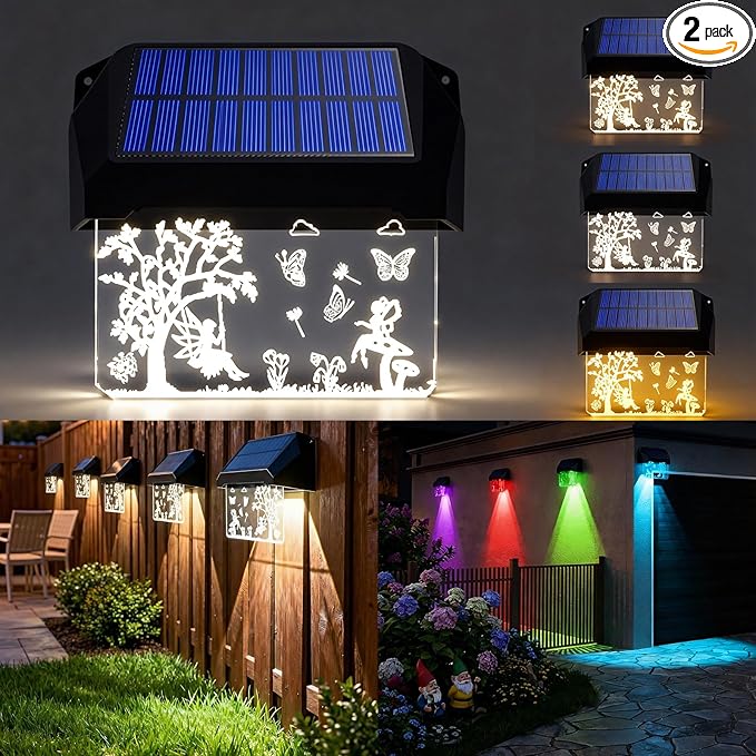 2 Pack Solar Fence Lights - Fairy Butterfly Pattern, Warm White + 10 RGB Colors, IP65 - Outdoor Path Light | Lumora