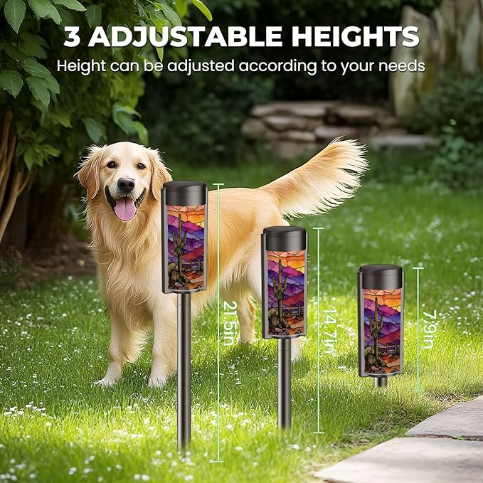 8 Pack Solar Pathway Lights Outdoor Waterproof Southwest Cactus Stained Glass Window Western Motifs Sunset Solar Garden Lights LED Landscape Lighting for Yard Walkway Lawn Garden Decor
