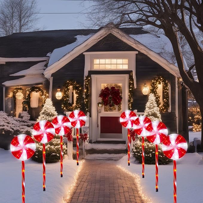 Christmas Solar Pathway Lights, 27" Set of 8 Lollipops Peppermint Stake Lights, 8 Modes Candy Cane Walkside Lights, Outdoor Xmas Decoration for Walkway,Yard(8PCS-Red)