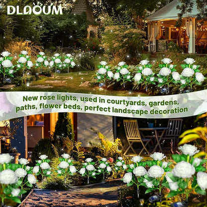 Solar Garden Lights Outdoor: 10 Waterpoof Artificial Rose Flower 2 Pack - White LED Landscape Lighting Fairy Decorations for Outside Yard Patio Lawn Jardin - Christmas Gifts for Mom Grandma