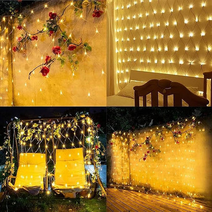 2 PACK Battery Operated Net String Lights 4.9x3.9Ft 100LED-Light 8 Modes Mesh Waterproof Wide Angle LED Curtain Lights for Christmas Xmas Garden Yard Party Wedding and Holiday Decor( Warm White)