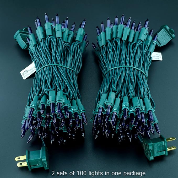 YULETIME 200 Purple Christmas Lights, Pack of 2 Sets 33 Feet 100 Count UL Certified Incandescent String Lights (Purple- Green Wire)