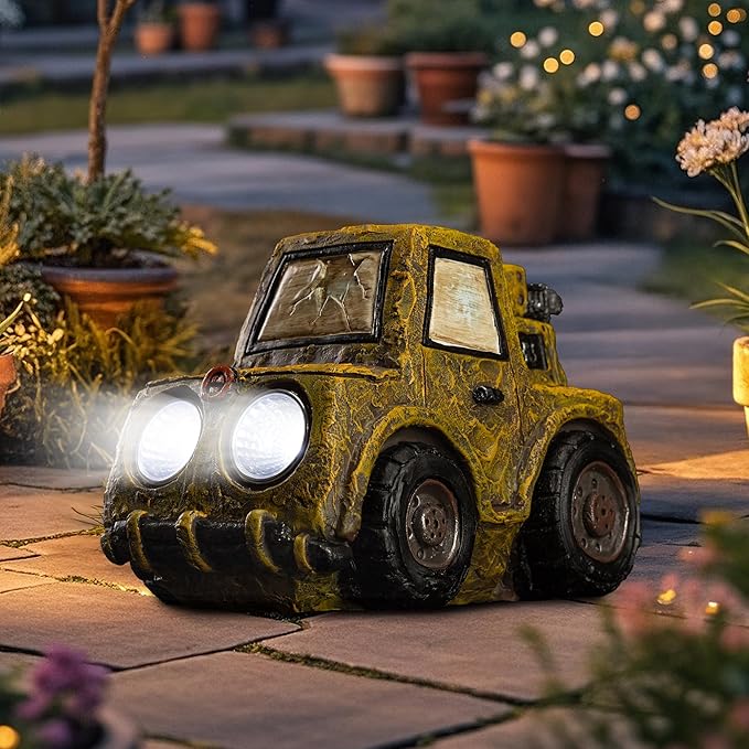 Garden Statue Outdoor Solar Car Decor with LED Light Vintage Resin Sculpture Truck Rustic Decoration for Lawn Patio Yard Gifts for Women