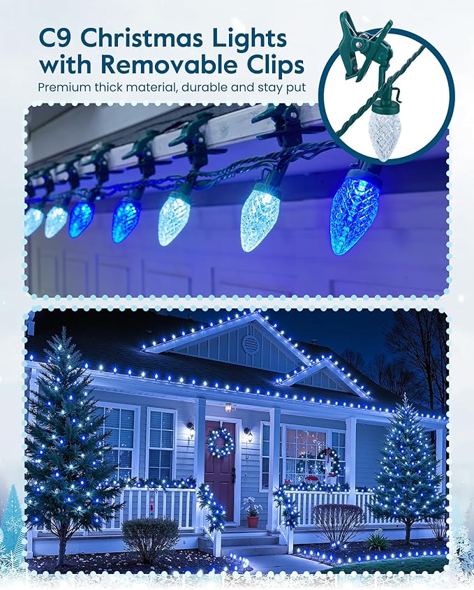 C9 LED Christmas Lights Outdoor with 100 Spring Clips, 65FT 100 LED C9 String Lights Waterproof Connectable for Outside Roofline Patio House Yard Windows Outdoor Christmas Decorations, Blue White