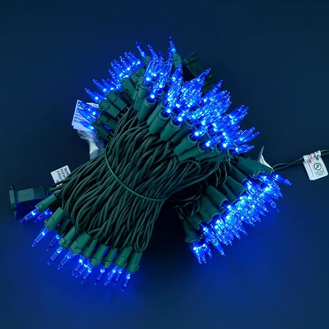 YULETIME 200 Blue Christmas Lights, Pack of 2 Sets 33 ft 100 Count Incandescent-Like LED String Lights (Blue)