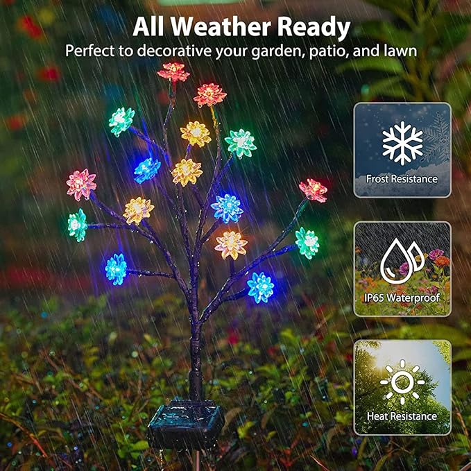 Solar Garden Lights Waterproof Solar Powered Cherry Blossom Lights Multi-Color Garden Stake Light for Yard Patio 4Pcs, Pathway Lighting