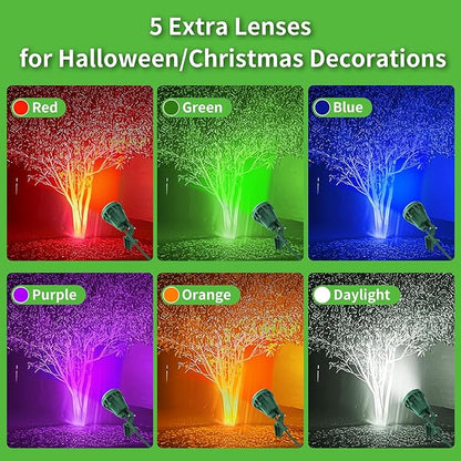LED Christmas Spotlight Outdoor Plug in, 800LM Waterproof Flood Lights with 5 Extra Lenses (Red Green Blue Purple Orange), 5000K Landscape Light for Yard, Flag, Holiday Decor, ETL Listed, 2 Pack