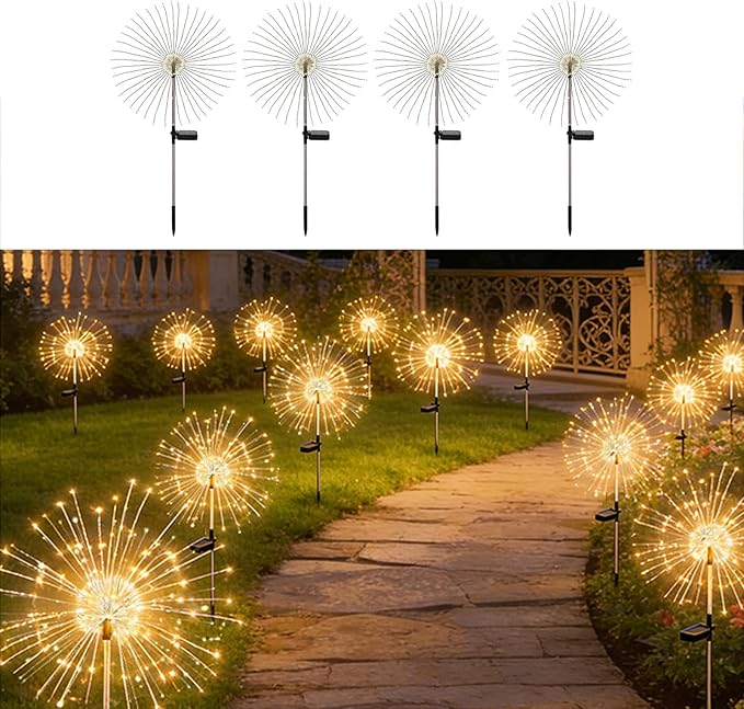 Solar Firework Lights for Outside, 150 LED 8 Modes Fireworks Solar Fairy Lights Outdoor Flowers for Garden Yard Patio Pathway Wedding Christmas Diwali Easter Party Decor Warm White(4 Pack)