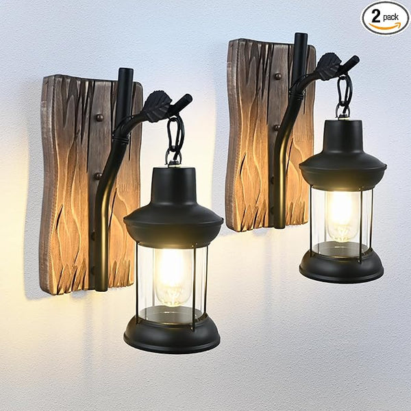 Rustic Wall Light Fixtures Vintage Wall Sconces Sets of 2 Farmhouse Antique Wooden Wall Lamps with Clear Glass | Lumora