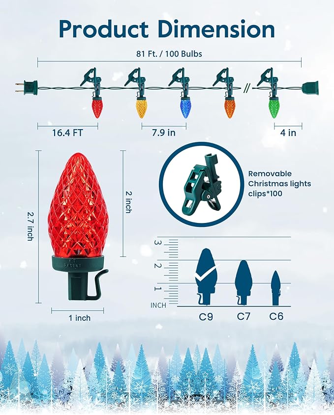 C9 LED Christmas Lights Outdoor with 100 Spring Clips, 65FT 100 LED C9 String Lights Waterproof Connectable for Outside Roofline Patio House Yard Windows Outdoor Christmas Decorations, Multicolor