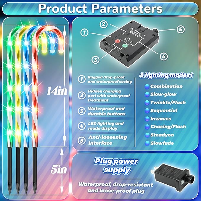 Anordsem Solar Christmas Decorations Outdoor: 12 Pack Candy Cane Stake Lights - 21" Waterproof LED 8 Colorful Lighting Models for Pathway Yard Patio Xmas Decor - 2026 New Year Gifts for Homeowners