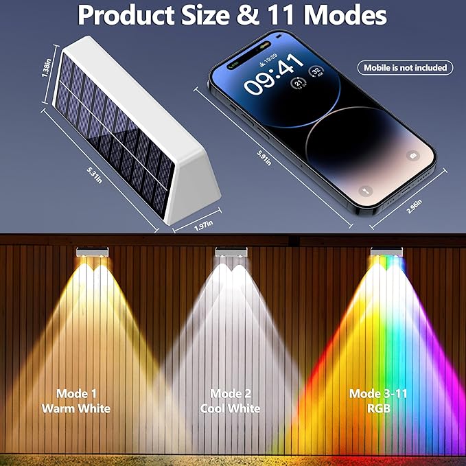 Brizled White Solar Fence Lights Outdoor, 11 Modes & 9 Colors Color Changing Solar Wall Lights, 100 Lumens IP65 | Lumora