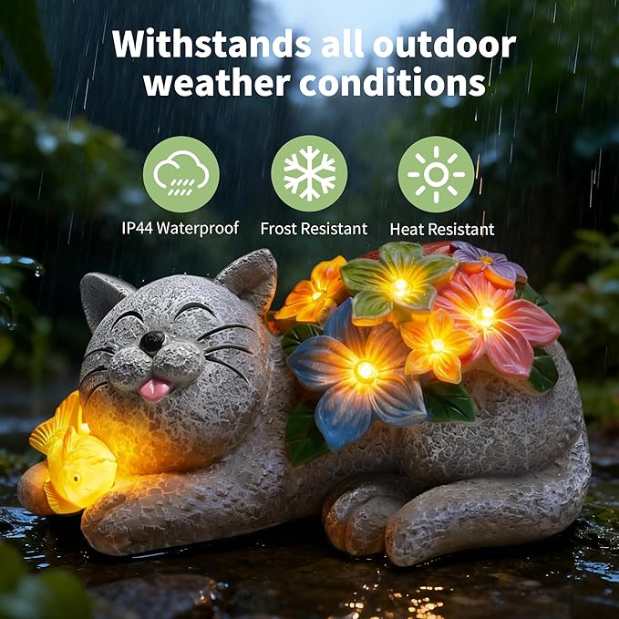 Solar Garden Outdoor Statues Cat Figurine Lights - Yard Decorations for Patio,Balcony,Lawn Ornaments - Unique | Lumora