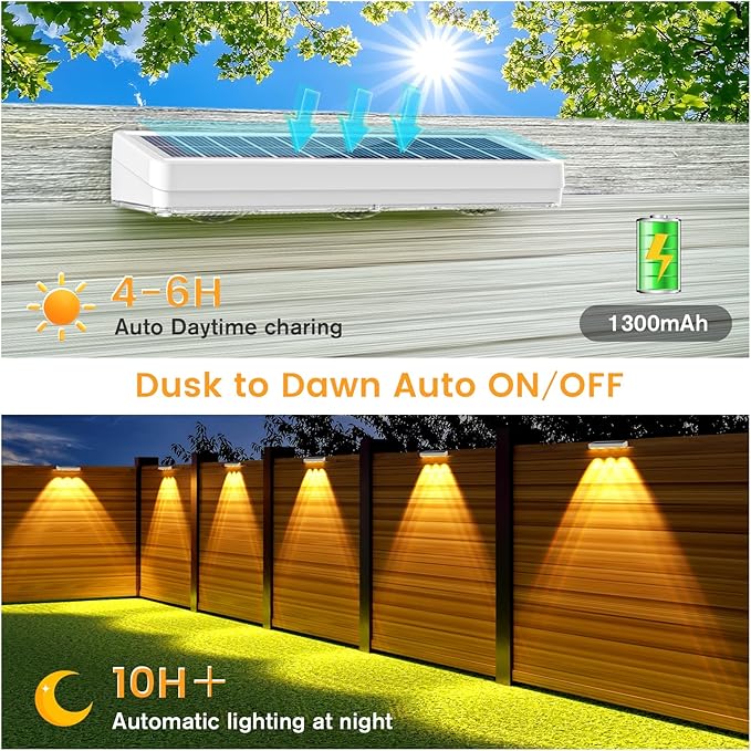 Solar Fence Lights Outdoor,1300mAh, 8pack,Warm/Natural/Cool White,IP65 Waterproof,Fence Lights Solar Powered,Solar Lighting for Deck, Backyard, Railing(White)