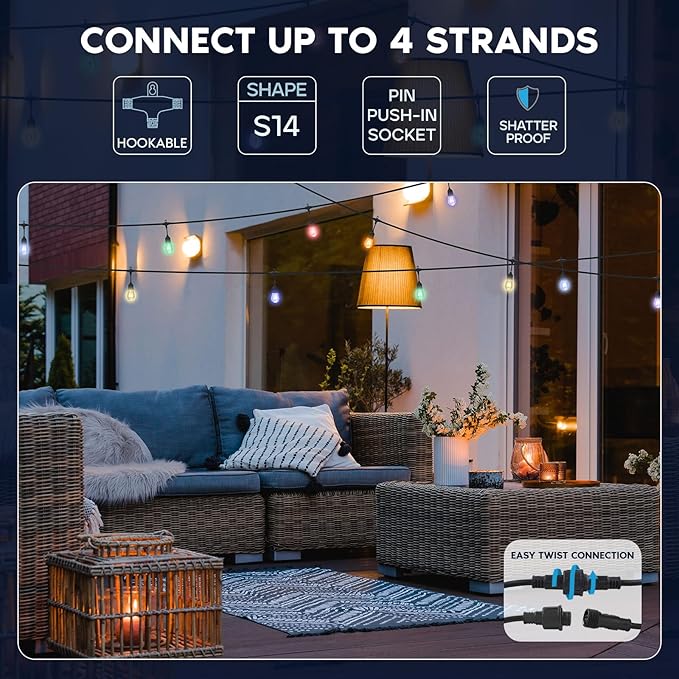 LUXRITE 24FT LED RGBW Outdoor String Lights, Remote Control Color Changing Cafe Lights, Commercial Grade Waterproof, 12 Edison S14 Shatterproof Bulbs, IP65, Dimmable Outside Hanging Lights for Patio