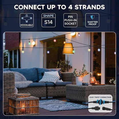 LUXRITE 24FT LED RGBW Outdoor String Lights, Remote Control Color Changing Cafe Lights, Commercial Grade Waterproof, 12 Edison S14 Shatterproof Bulbs, IP65, Dimmable Outside Hanging Lights for Patio