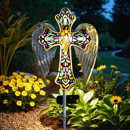 Unique, TEDOF Solar Glass Cross Stake Lights with Angel Wings, Outdoor Memorial Garden Decor for Grave, Festive Yard Lawn Patio Christmas Decoration for Mom, Warm Holiday Lighting