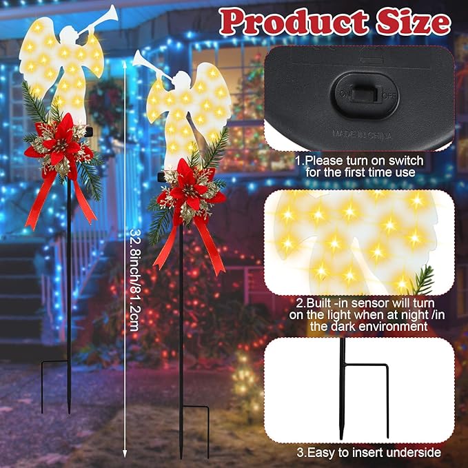 Baquler 2 Pack Solar Christmas Angel Stake Lights 32 Inches Solar Powered Xmas Angel Metal Stake Lights with Poinsettia for Outdoor Christmas Yard Pathway Garden Lawn Decorations