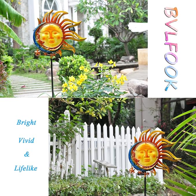 Solar Light Outdoor Garden Decoration Colorful Metal & Glass Sun Moon Star Valentine Stake Decorative Waterproof Warm White LED Yard Decor for Pathway Lawn Patio Backyard