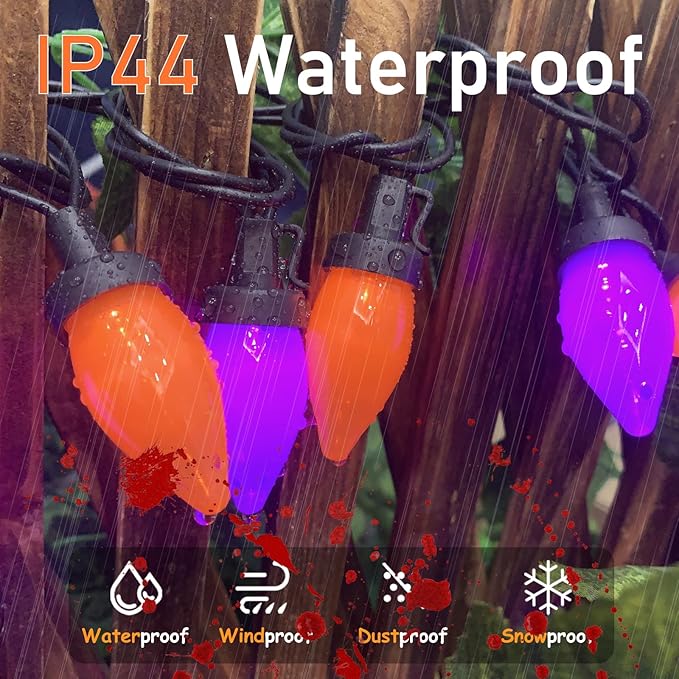 Purple and Orange Halloween Lights, 26FT 50 Count Halloween C7 LED String Lights for Indoor/Outdoor Use, Purple Orange Lights for Patio Home Party Garden Yard-Black Wire