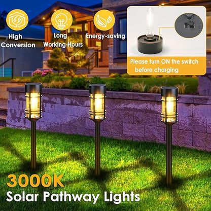 Solar Lights Outdoor，2 Pcs 3000K Waterproof Auto On/Off Solar Pathway Lights for Park, Courtyard, Lawn, Balcony, Terrace