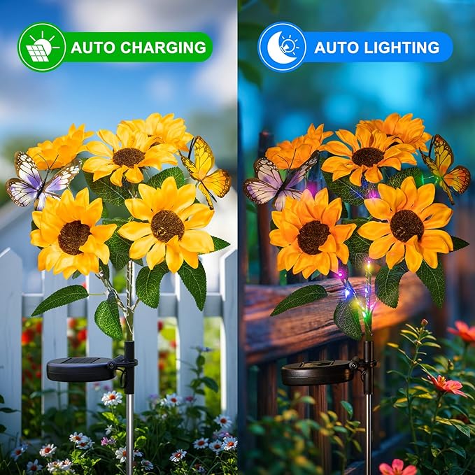 Sunflower Solar Lights Outdoor- 2 Pack Garden Lights Outdoor Waterproof with 10 Flowers and 4 Butterflies for Garden, Patio, Yard (Yellow)