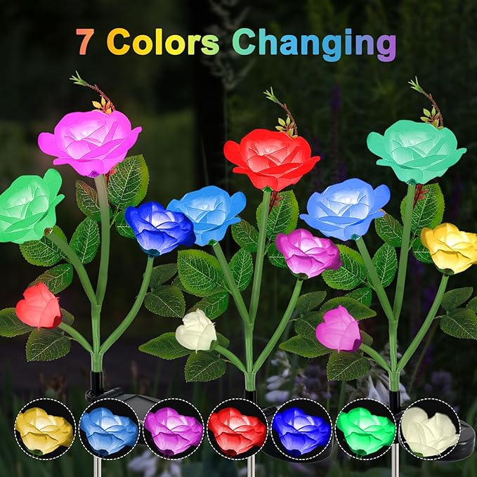 Solar Lights Outdoor for Garden Decor Waterproof - 2 Pack with 8 Rose Lights Decorative 7 Color Changing for Valentines Day Yard Patio Pathway Decoration