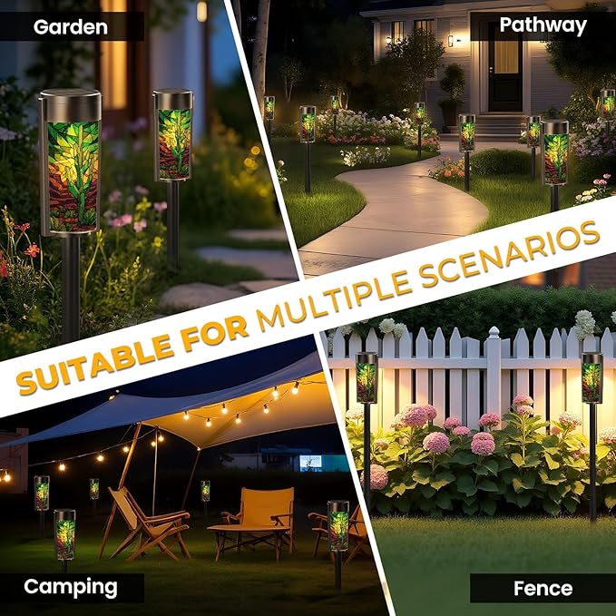 8 Pack Solar Pathway Lights Outdoor Waterproof Stained Glass Window Cactus Desert Sunset Western Border Solar Garden Lights LED Landscape Lighting for Yard Walkway Lawn Garden Decor