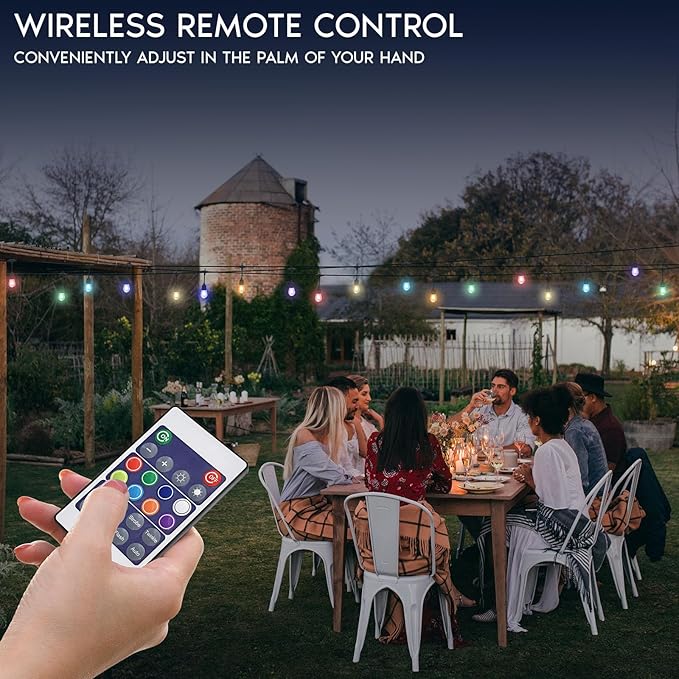 LUXRITE 48FT LED RGBW Outdoor String Lights, Remote Control Color Changing Cafe Lights, Commercial Grade | Lumora