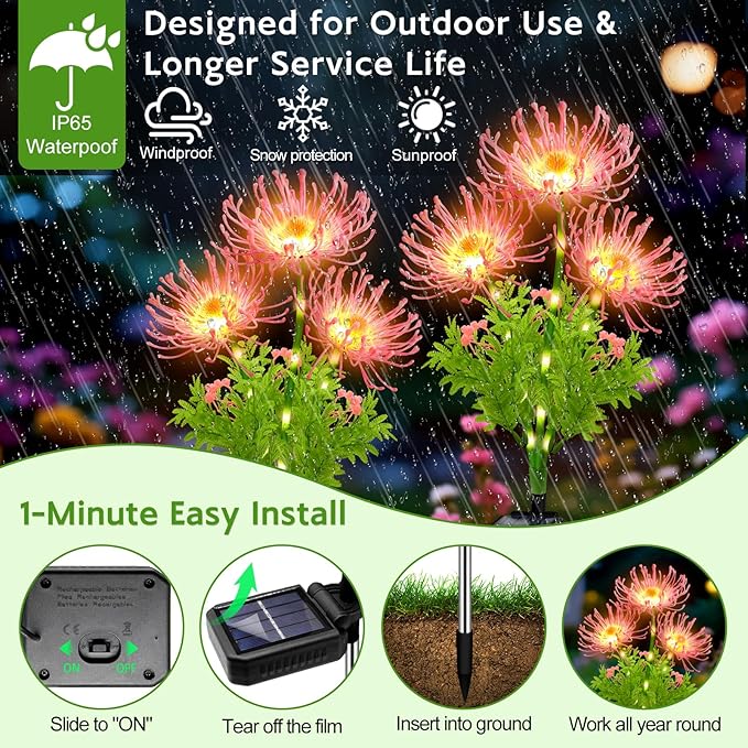 Solar Garden Flower Lights Outdoor, 4 Pack Pink Spider Lily Solar Lights with Glowing Stems, IP65 Waterproof LED Yard Decor for Patio Lawn Pathway, Mother's Day Valentine Gifts for Women Mom Grandma