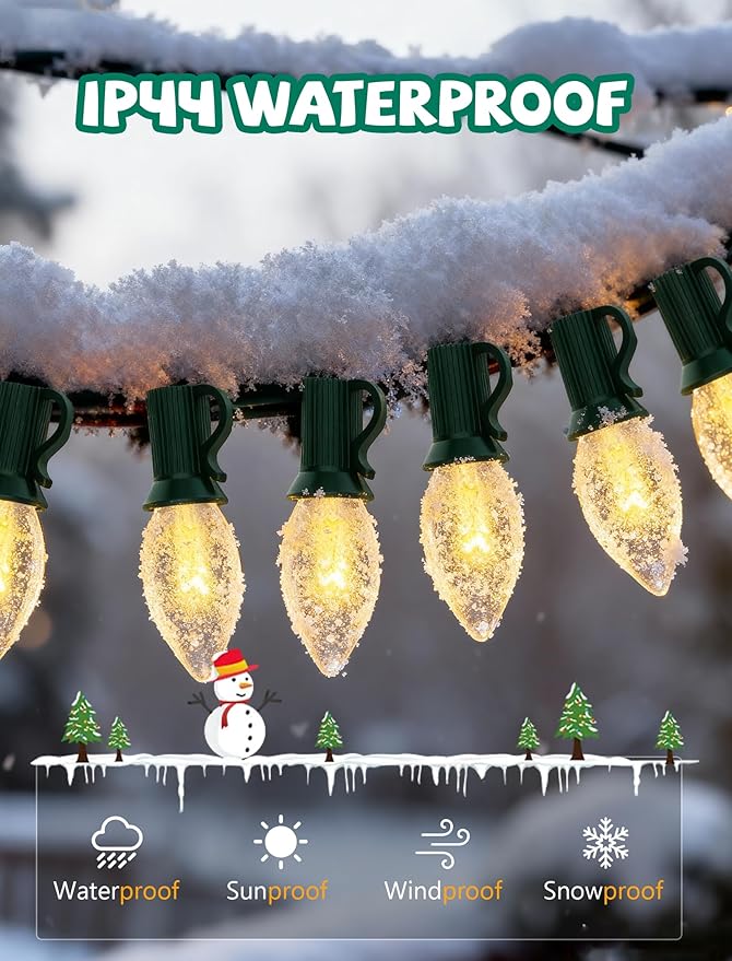 Abeja C7 Clear Christmas Lights Warm White, 25Ft Outdoor Incandescent String Lights with 27 Bulbs(2 Spare), Green Wire Connectable Vintage Decor Light for Patio, Christmas Party, House