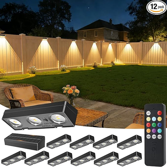 Solar Fence Lights with Remote 12 Pack, Color Changing RGB & Warm White, 12 Dynamic Modes, IP65 Waterproof, Solar Lights for Fence, Deck, Backyard, Patio Holiday & Party Decoration