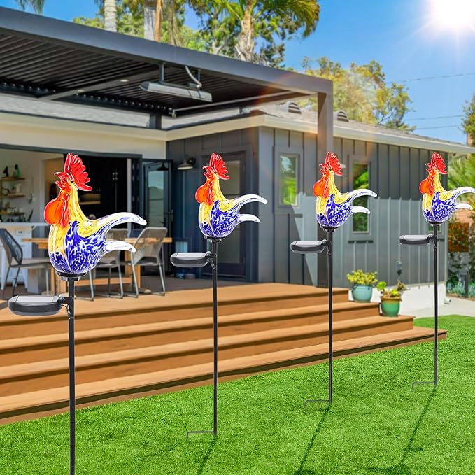 Bshine Solar Garden Decor Outdoor Rooster Light, Hand Blown Glass Waterproof Solar Light Stake Decoration Road, Path, Lawn and Yard Art for Moms, or Chicken Lovers