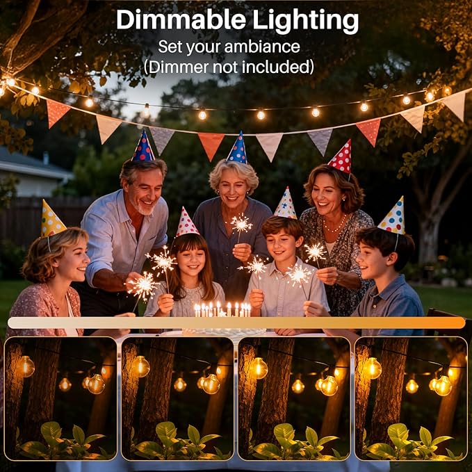 50 FT Yellow Outdoor String Lights G40 Globe Shatterproof Patio Lights,26 Plastic Edison Bulbs(2 Spare) IP65 Waterproof Dimmable LED Bulbs for Backyard Porch Balcony Party Decor, E12 Base