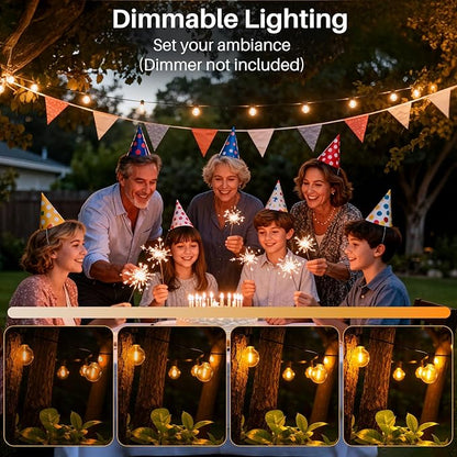 50 FT Yellow Outdoor String Lights G40 Globe Shatterproof Patio Lights,26 Plastic Edison Bulbs(2 Spare) IP65 Waterproof Dimmable LED Bulbs for Backyard Porch Balcony Party Decor, E12 Base