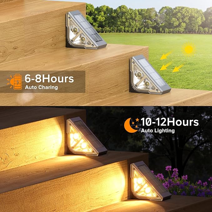 Solar Step Lights for Outside, 8 Pack Bright LED Spot Lens Triangle Solar Stair Light Outdoor Waterproof, Outdoor Deck Lights for Yard Porch Patio Driveway Railing, Warm White