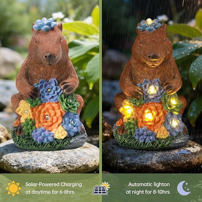 Solar Capybara Statue Outdoor Decor,Capybara Figurines with Flower LED Light,Zen Friend for Patio Pond,Yoga Garden Spaces,Housewarming for Women