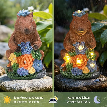 Solar Capybara Statue Outdoor Decor,Capybara Figurines with Flower LED Light,Zen Friend for Patio Pond,Yoga Garden Spaces,Housewarming for Women